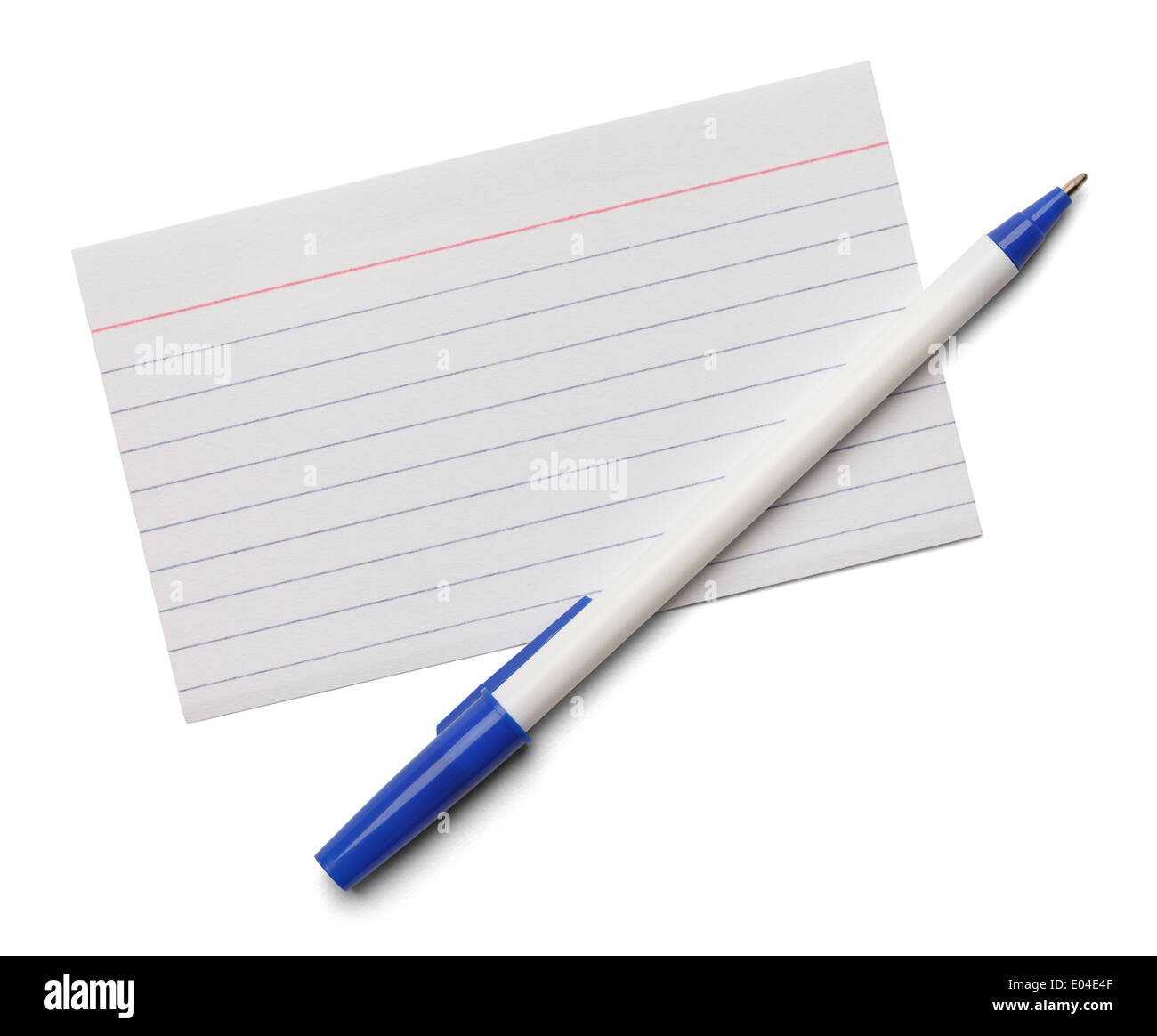 Blank note index card with blue pen isolated on a white background. Stock Photo
