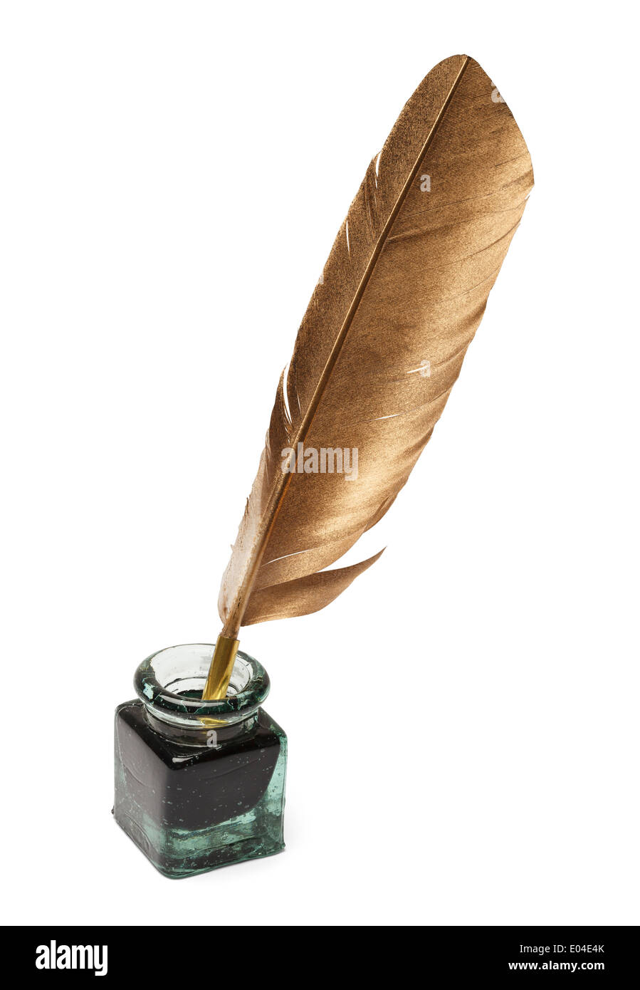 Feather Quill and Glass Ink Bottle Isolated on White Background. Stock Photo