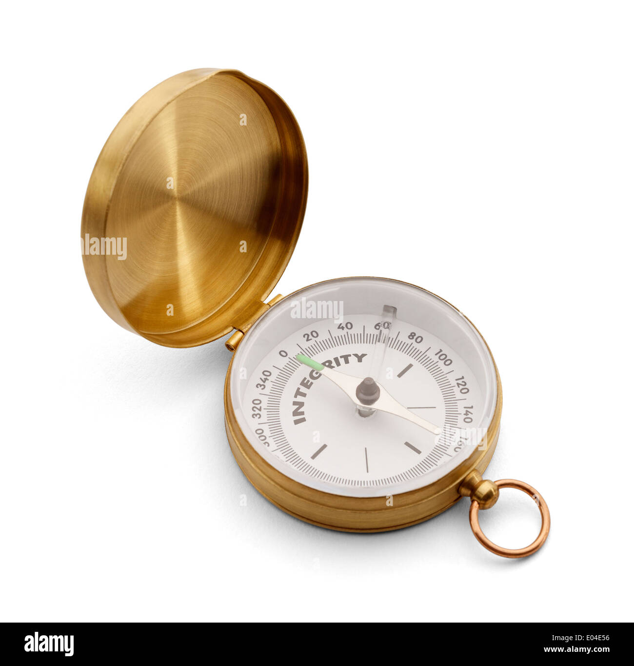 Brass Compass with Flip Top that has the Word Integrity Printed on it. Isolated on White Background. Stock Photo