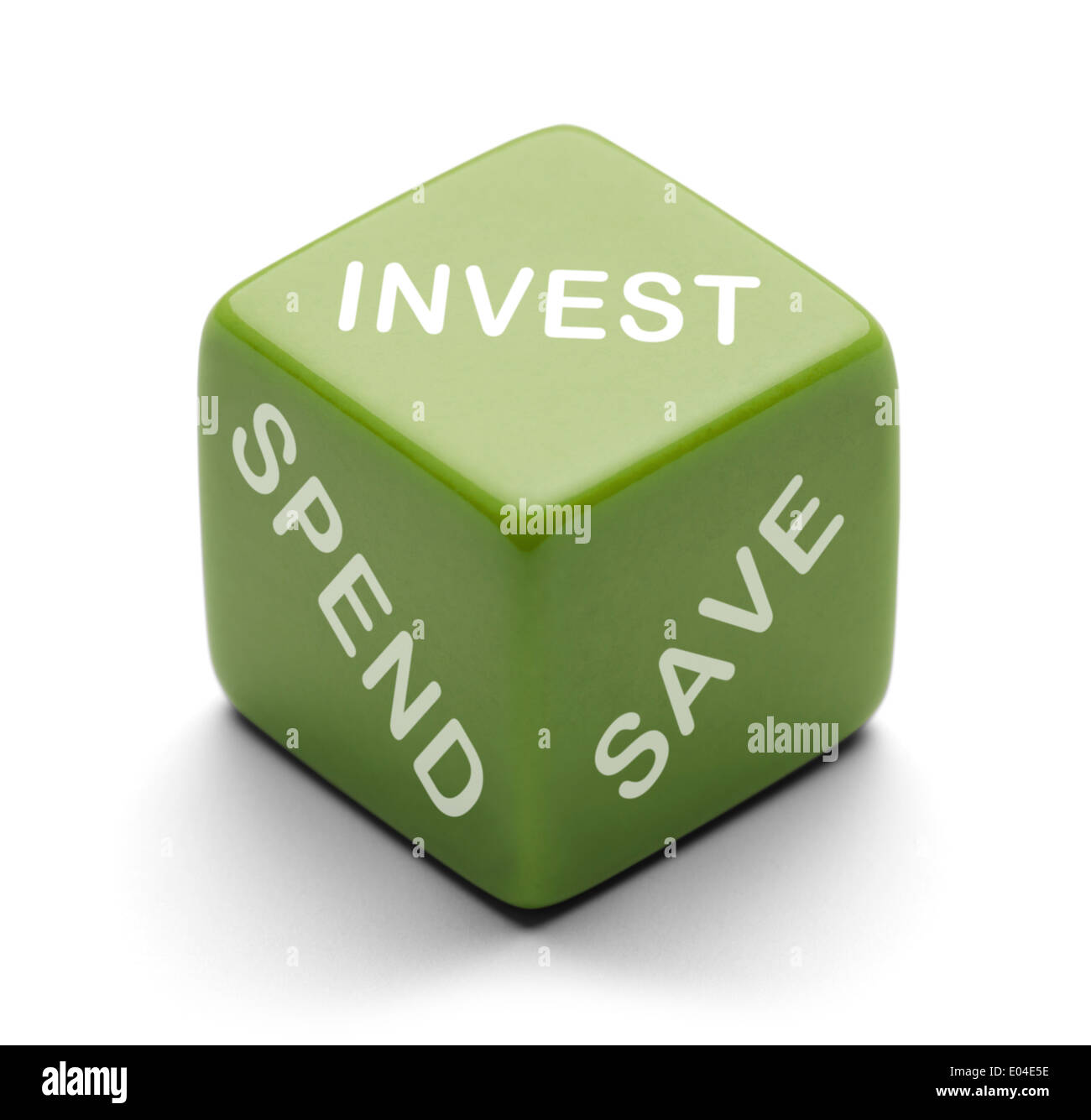 Green Dice with words Invest, Spend and Save Isolated on White Background. Stock Photo