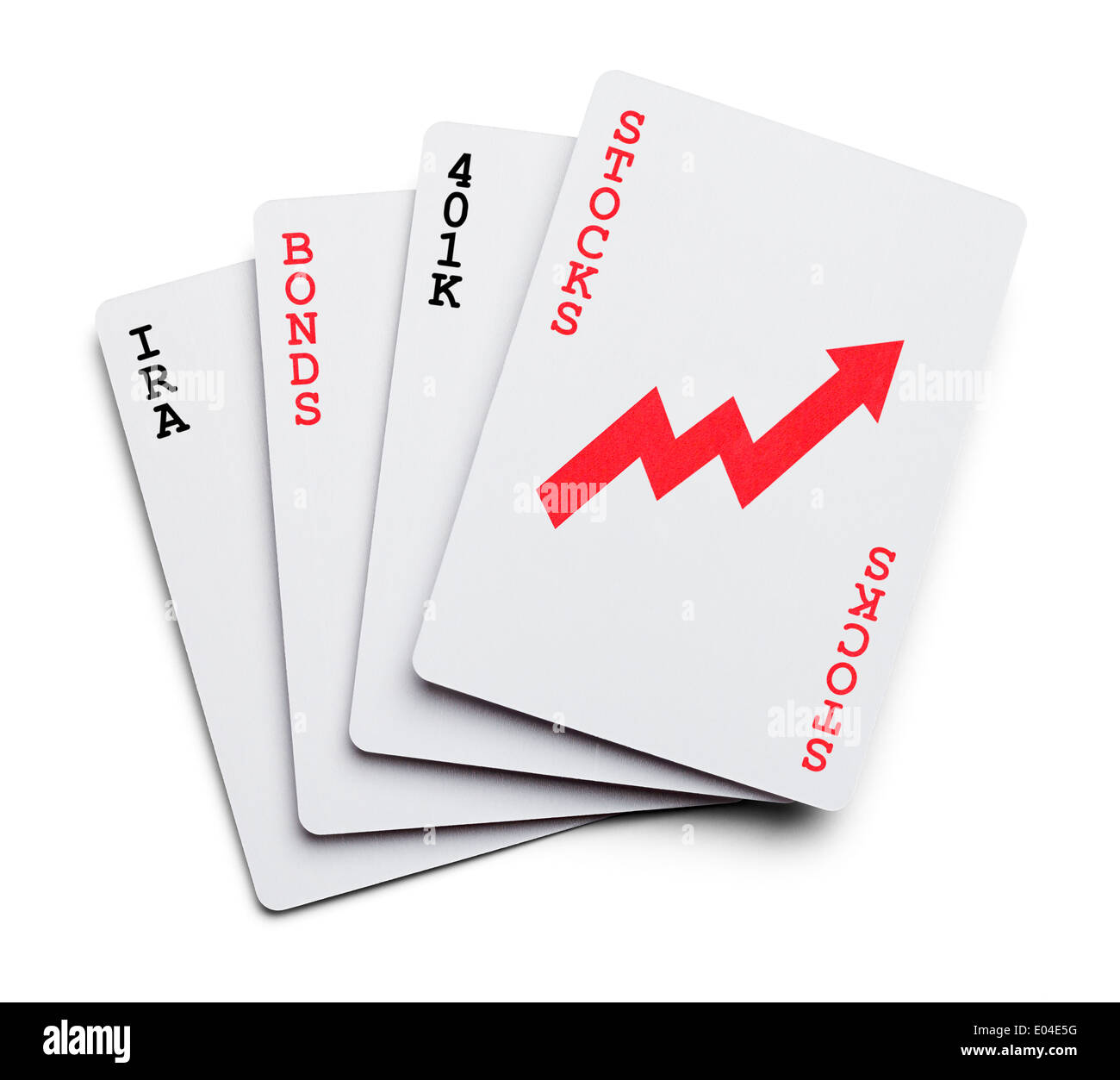 Playing Cards as Investment portfolio with the words Stocks, Bonds, IRA Isolated on White Background. Stock Photo