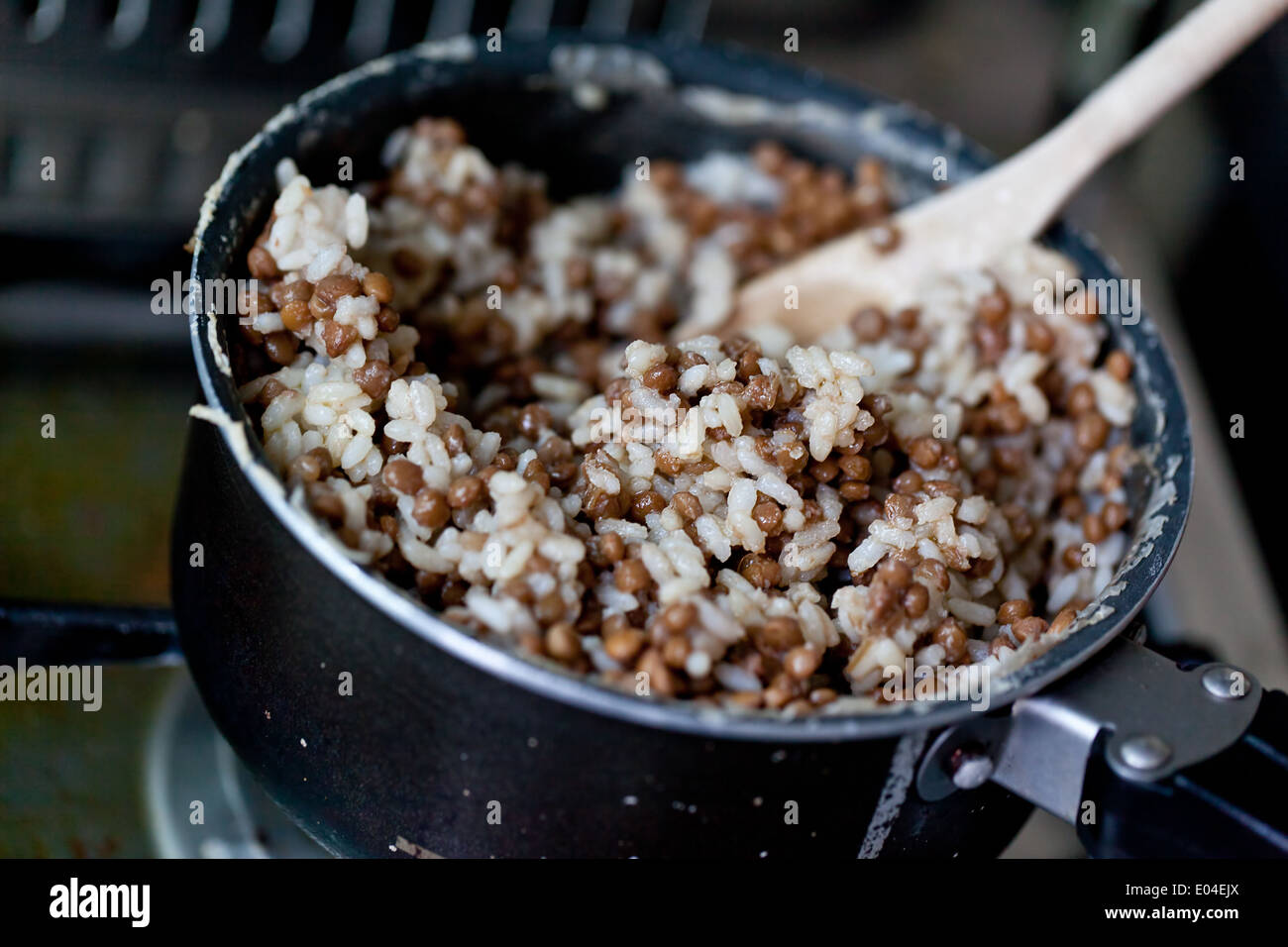 Rice and lentils in a dirty kitchen Stock Photo Alamy