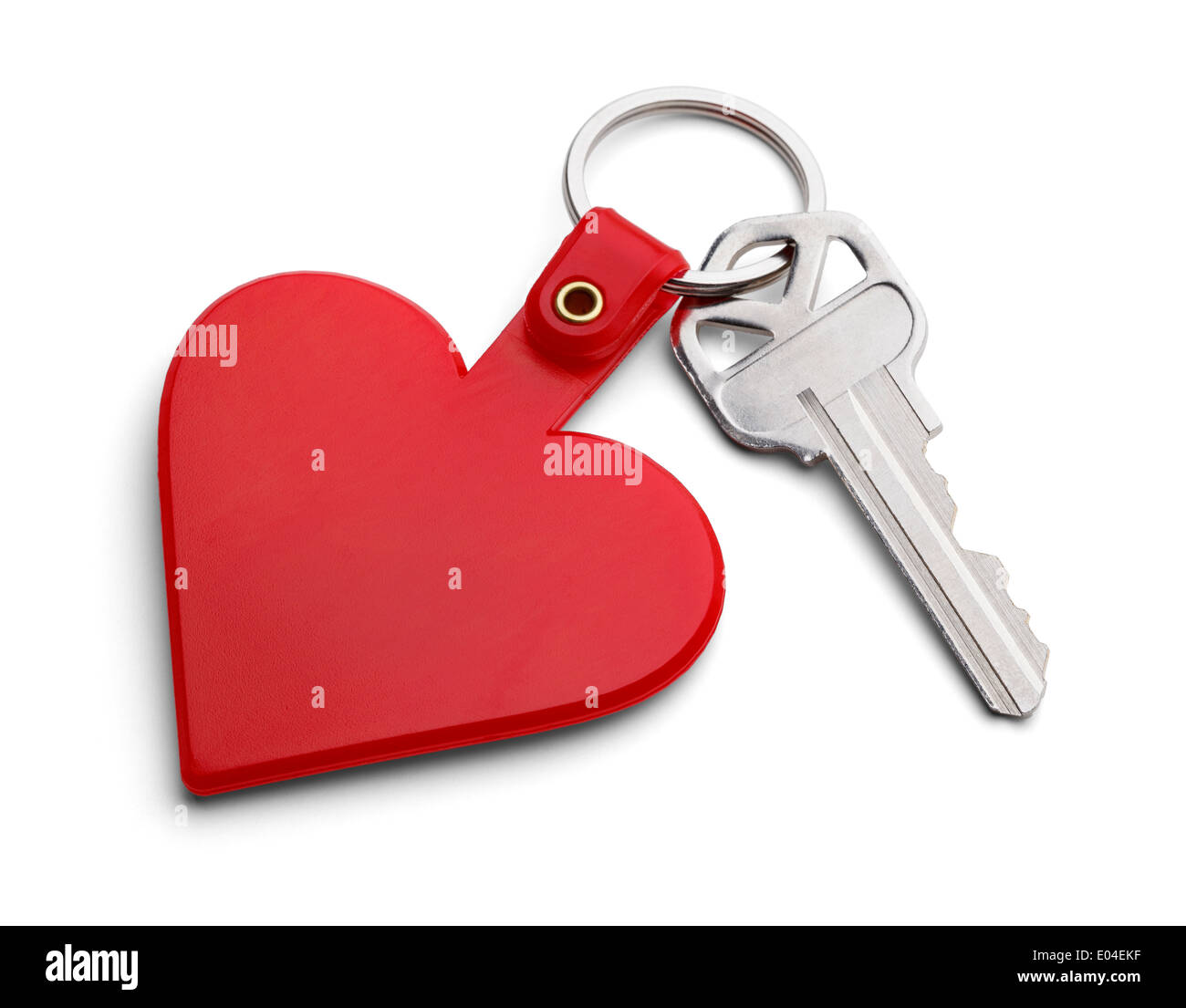 Key with Red Heart Key Chain Isolated on White Background. Stock Photo