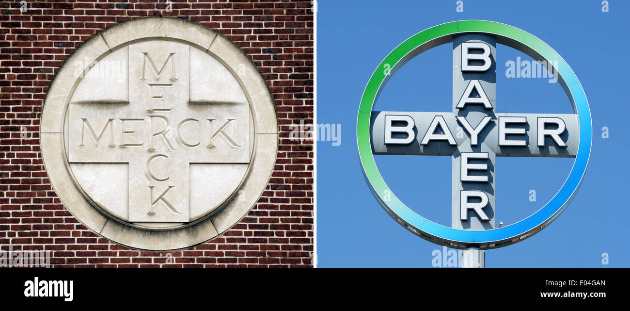 COMBO - The logo of US pharmaceutical company (L) on an company building in Rahway, New Jersey, USA, 09 March 2009 and the logo of Bayer in Berlin, Germany, 15 May 2013. According to media reports, Germany's Bayer is in talks to take over Merck's consumer division at a cost of around 14 billion US dollars. Photo: dpa/EPA/Jens Kalaene/Justin Lane Das Logo der US-Pahrmafirma Merck & Co (l) an einem Unternehmensgebäude in Rahway, New Jersey, USA, (aufgenmommen am 09.03.2009) und das Logo von Bayer (aufgenommen am 15.05.2013 in Berlin). Medienberichten zufolge spricht der deutsche Bayer-Konzern Stock Photo