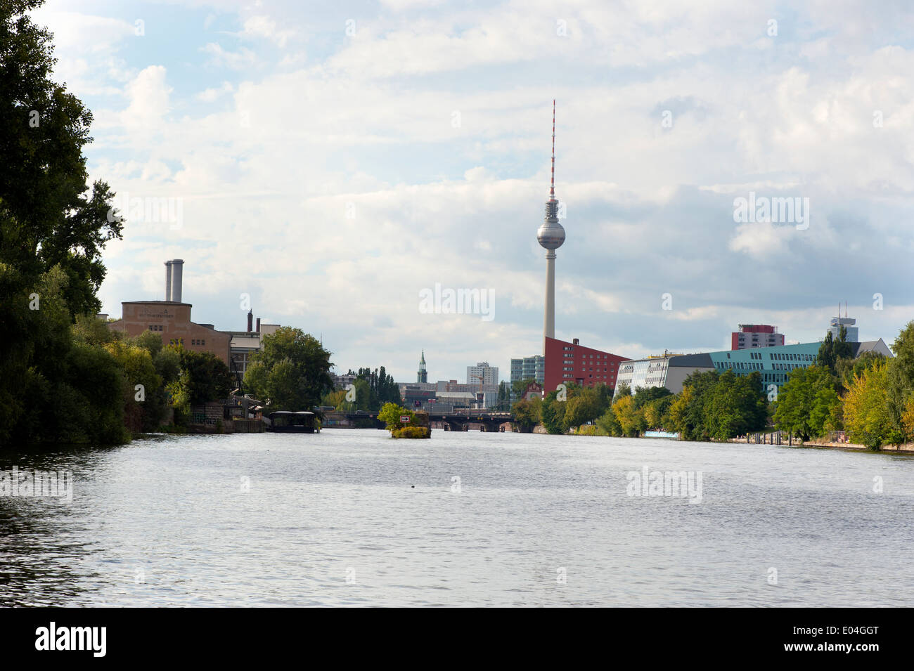 A perspective, view up the river Spree with the Berlin TV tower in the background - Called the funkturm in Berlin Stock Photo