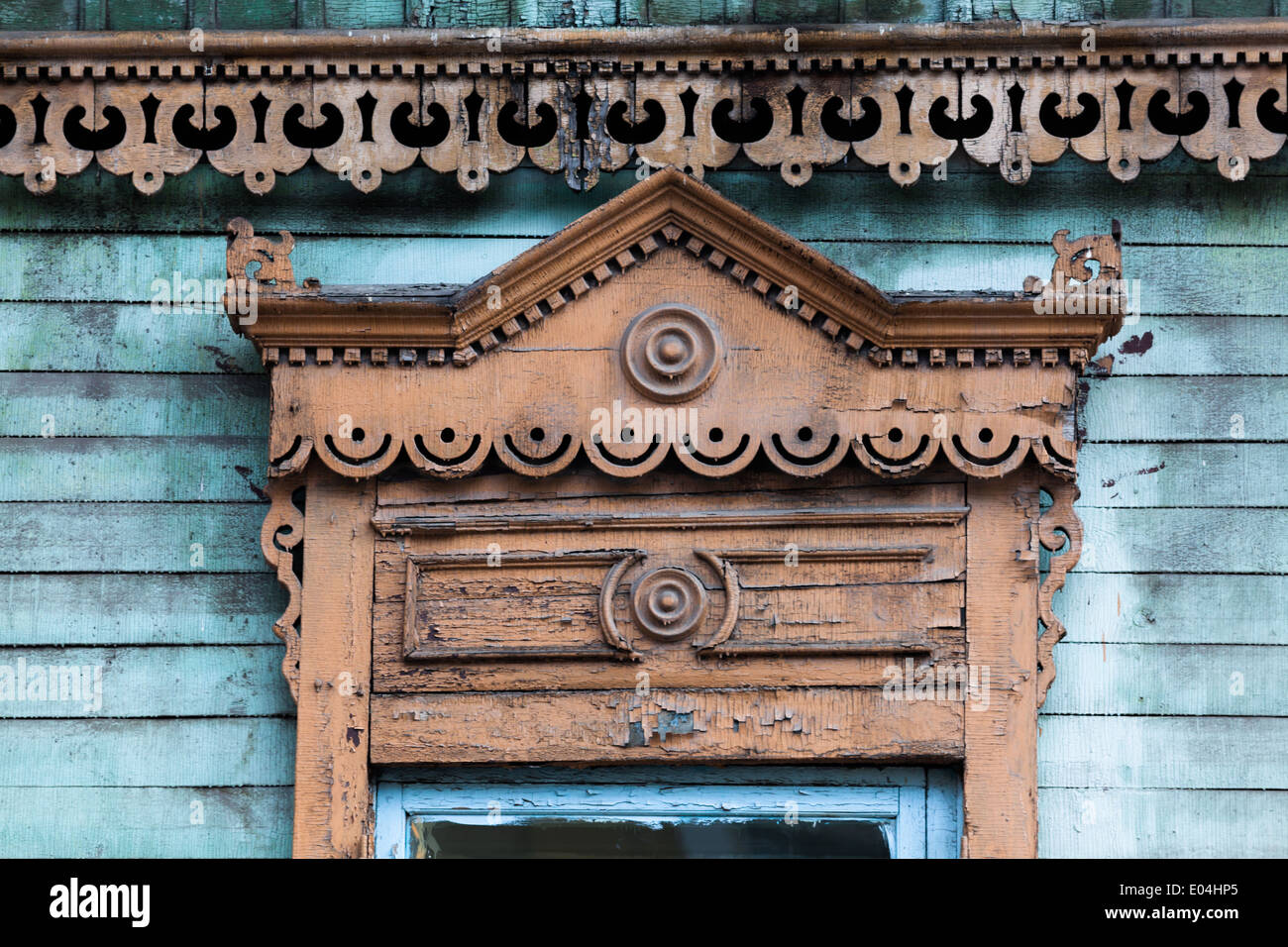 Part of traditional wooden building in Irkutsk, Siberia, Russia Stock Photo