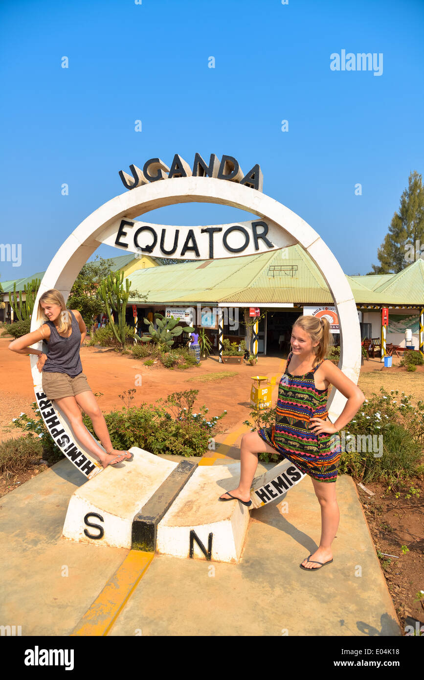 equator sign on the road at uganda, africa Stock Photo