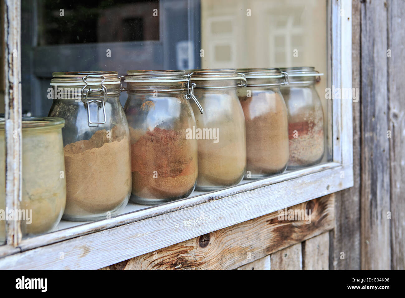 vintage preserving jar on an old windowsill Stock Photo