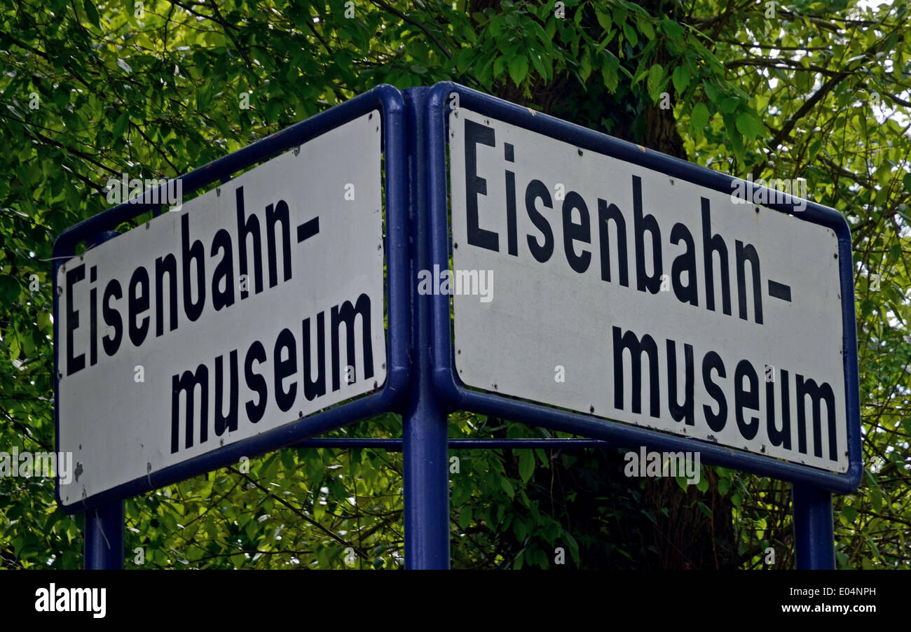 Bochum-Dahlhausen, Germany. 23rd Apr, 2014. A Railway Museum sign in Bochum-Dahlhausen, Germany, 23 April 2014. The museum was opened in 1977 by the German Society for Railway History is located in the Bochum-Dahlhausen railway operating company, which was closed in 1969. It Germany's largest private railway museum. Photo: Horst Ossinger/dpa NO WIRE SERVICE/dpa/Alamy Live News Stock Photo