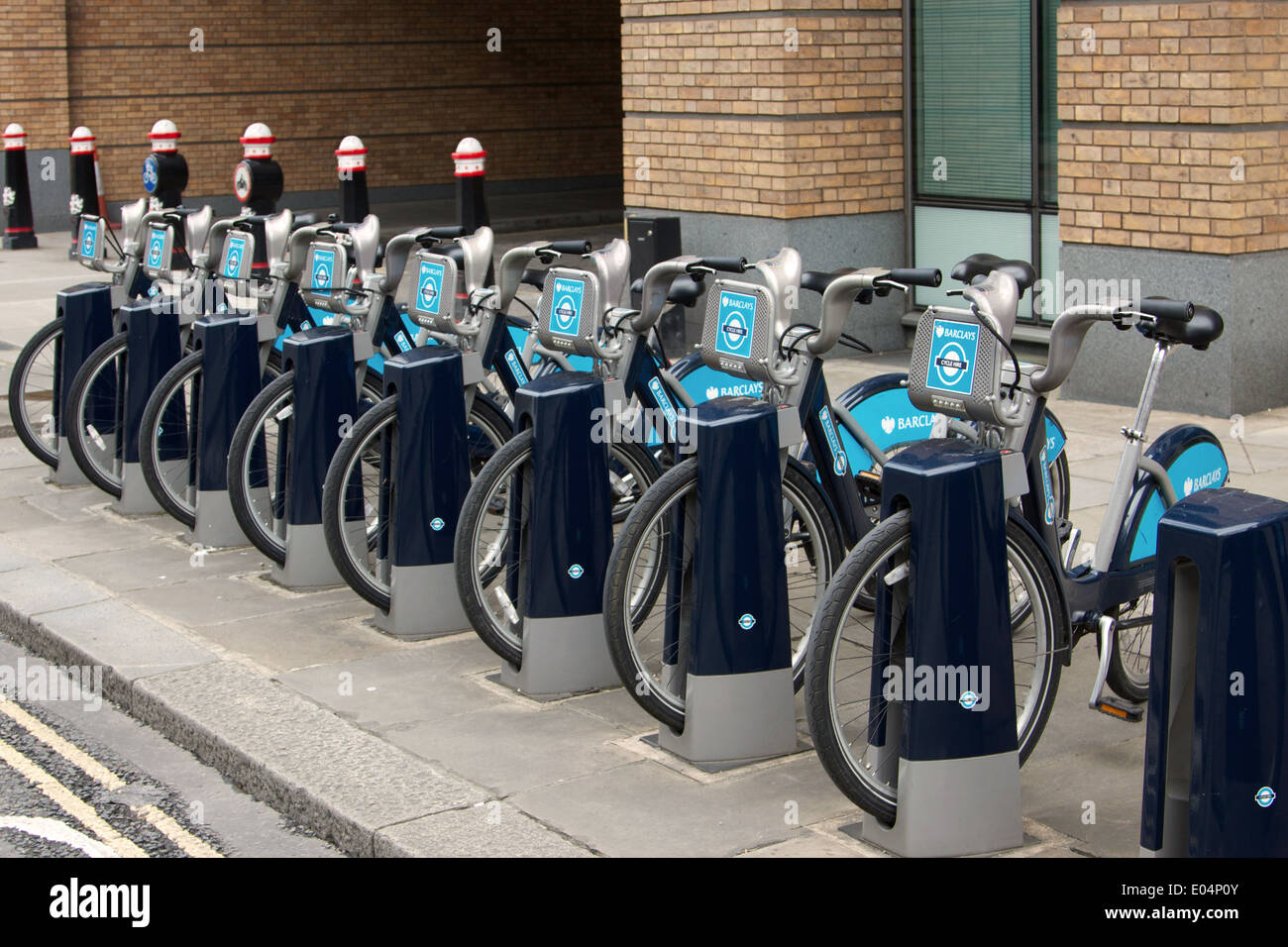 Row of bikes for hire - also known as 'Boris Bikes' after Boris Johnson, the London Mayor who introduced them. Stock Photo