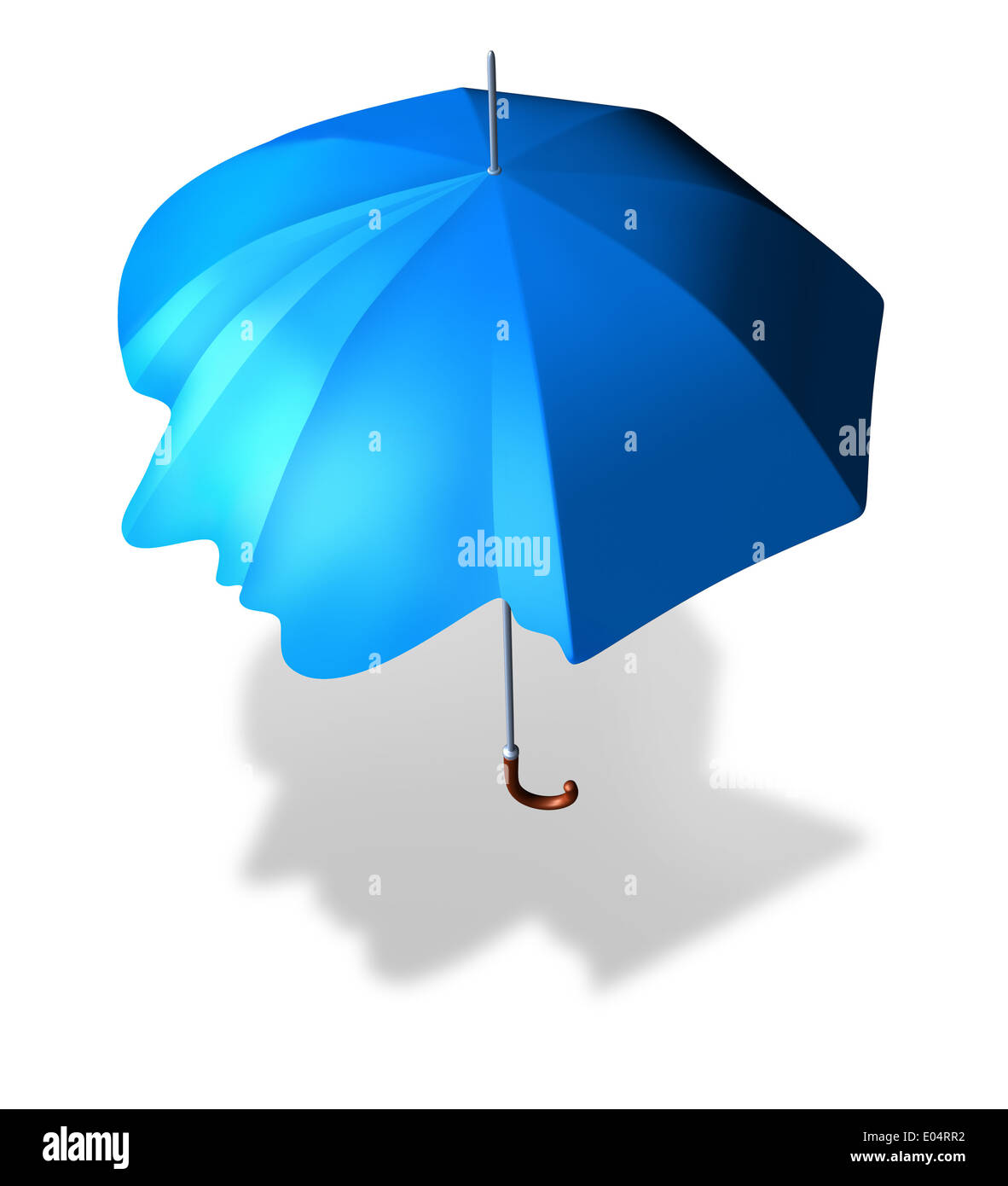 Psychological protection and antisocial personality disorder concept as an umbrella shaped as a human head as a metaphor and medical symbol for living a lonely sheltered life. Stock Photo