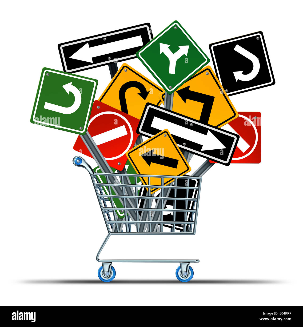 Shopping direction business acquisition concept and consumer guide to sales as a shop cart with a group of confusing traffic signs as a metaphor for marketing strategy and retail industry guidance. Stock Photo