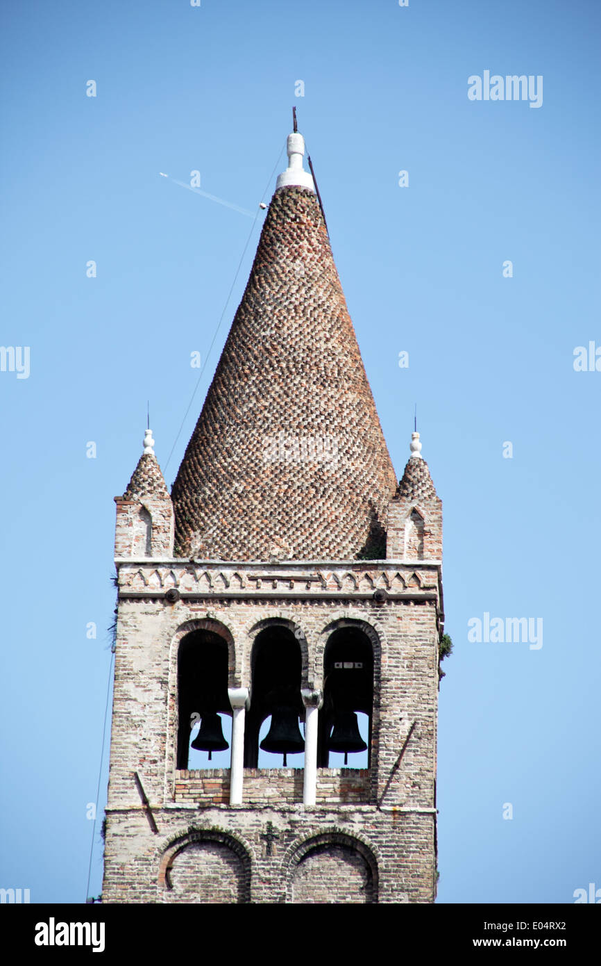 Open bark tower with three bells in Italy, Offener Glockenturm mit drei Glocken in Italien Stock Photo