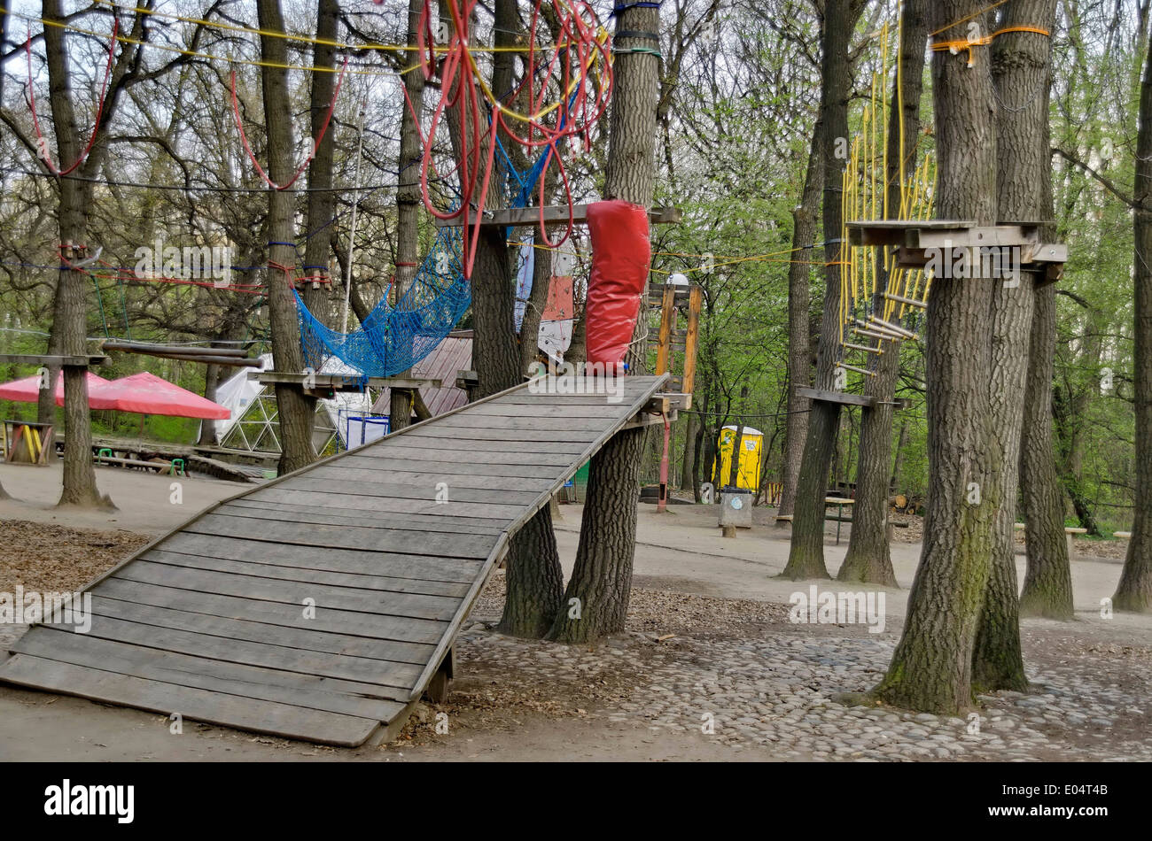 Fragment of rope sports facilities at adventure park, corner in the Borisova gradina, Sofia, Bulgaria Stock Photo