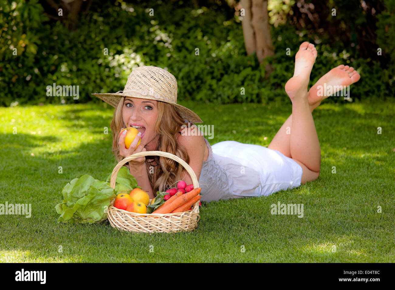 Fruit and vegetables in the basket with woman, Obst und Gemuese im Korb mit Frau Stock Photo