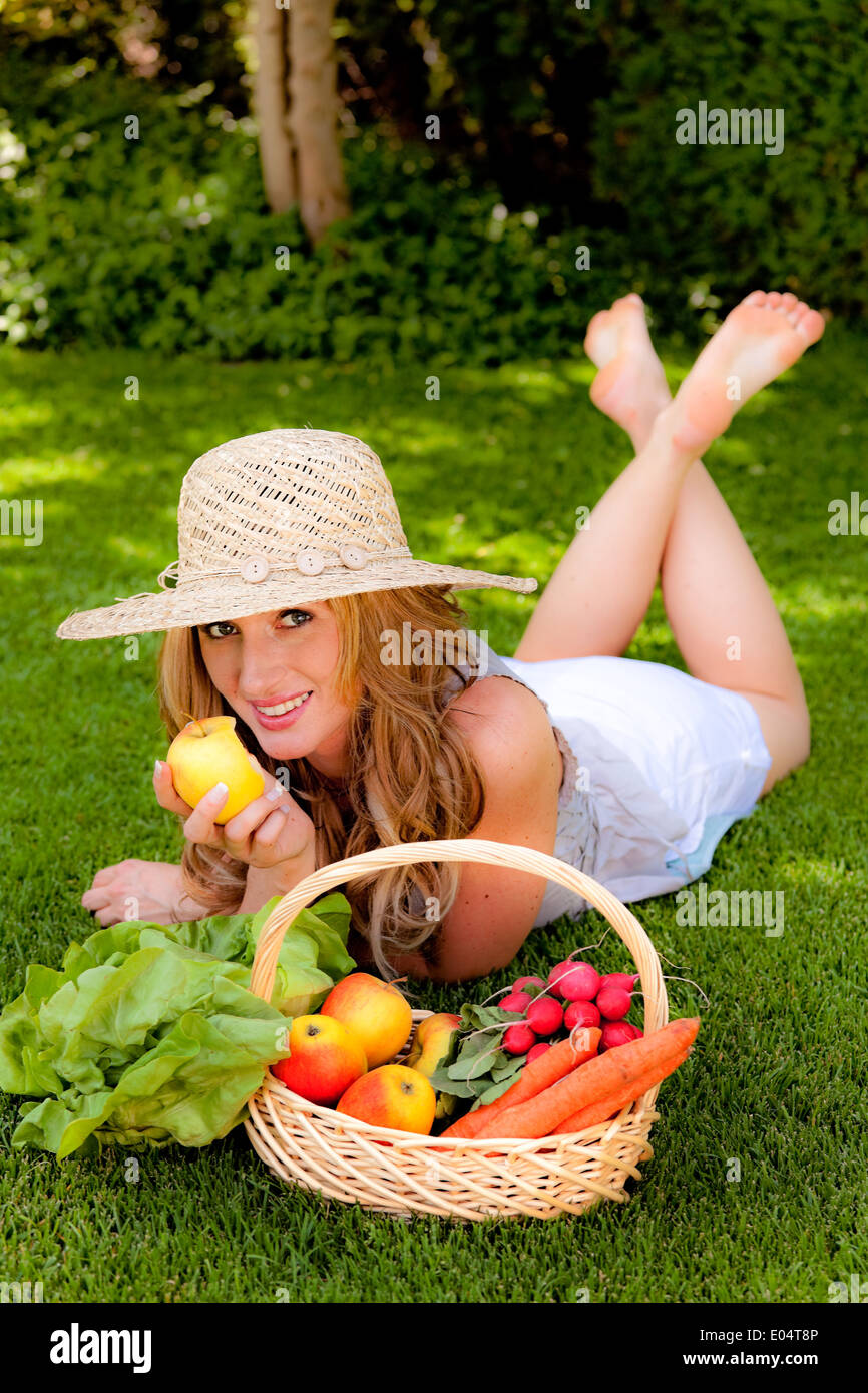 Fruit and vegetables in the basket with woman, Obst und Gemuese im Korb mit Frau Stock Photo