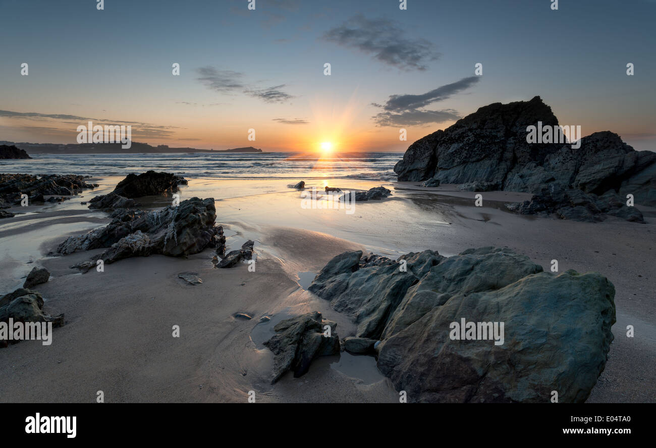 Sunset at Lusty Glaze beach at Newquay in Cornwall Stock Photo