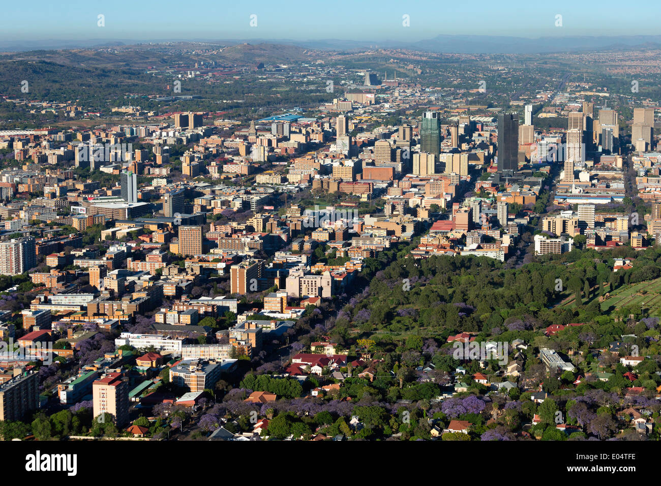 Aerial view of Pretoria's cental business district and the iconic Jacaranda trees in full bloom.Pretoria.South Africa Stock Photo