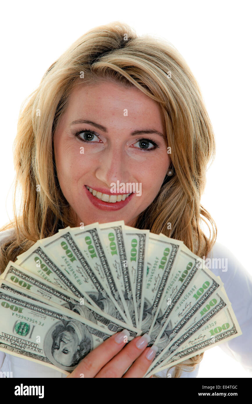 .Woman with dollar dollars bill bills Stock Photo
