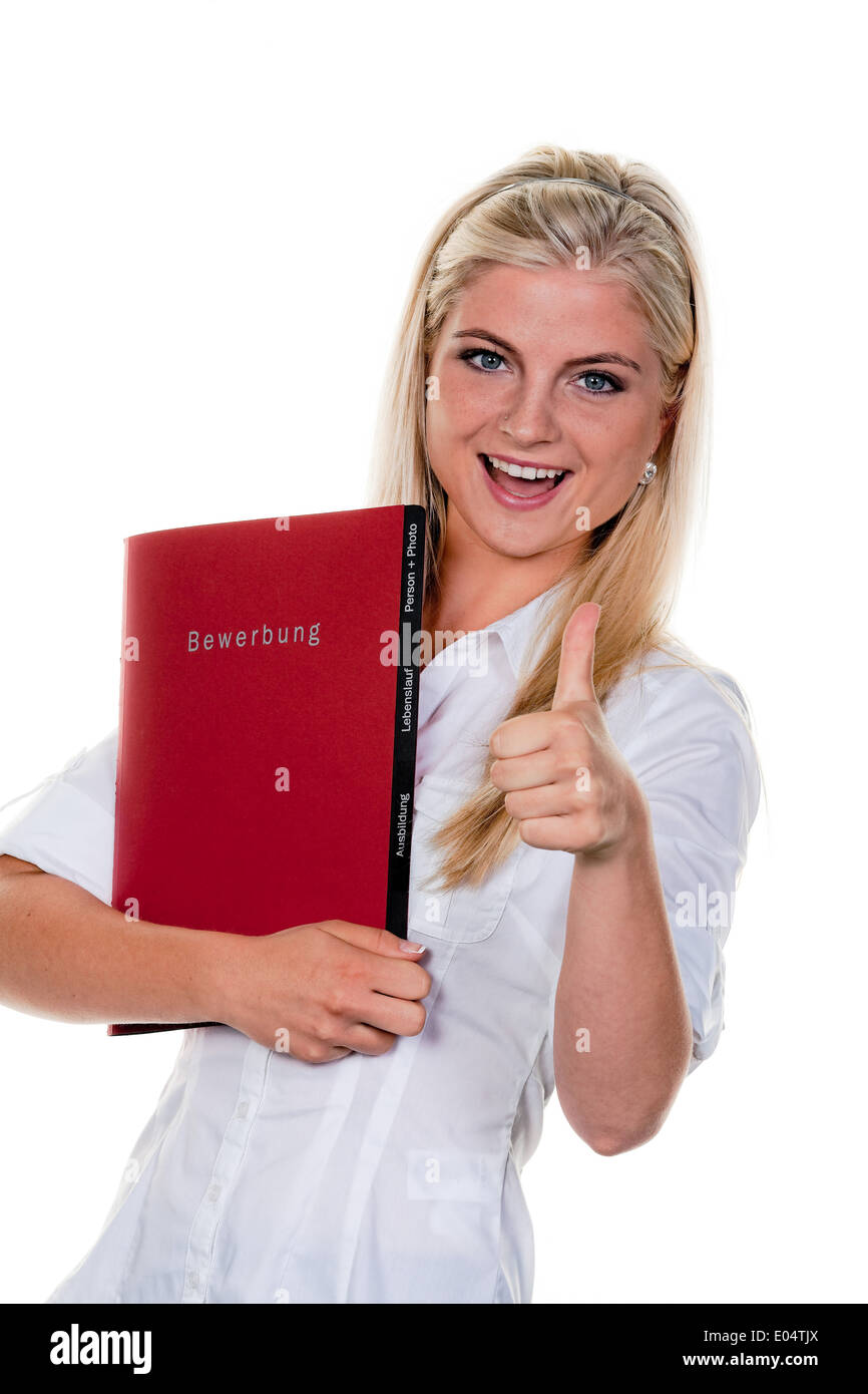 Young woman looks for job with Bewerbungs briefcase:, Junge Frau sucht Arbeit mit Bewerbungs Mappe: Stock Photo