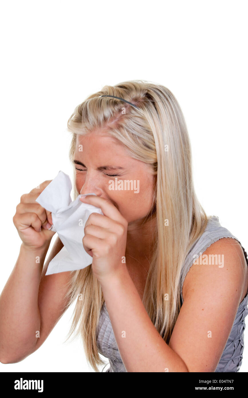 Woman with allergy, hay fever and handkerchief, Frau mit Allergie, Heuschnupfen und Taschentuch Stock Photo