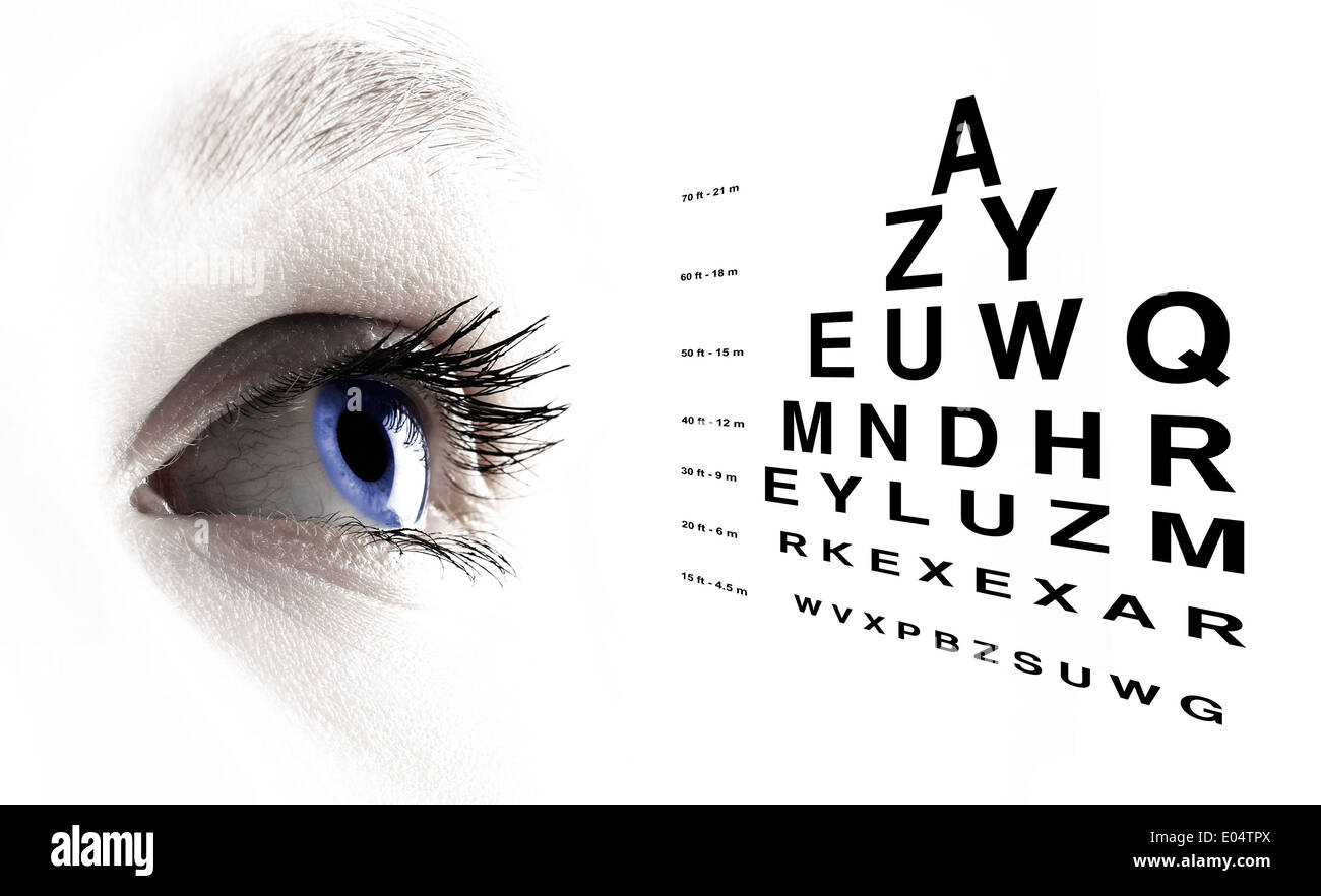 Blue eye with test vision chart close up Stock Photo
