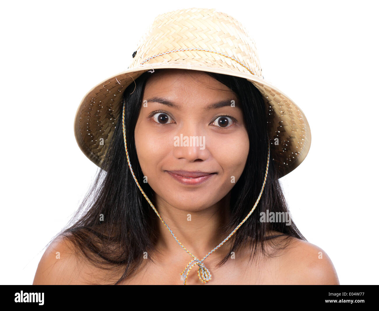 cheerful girl in a straw hat Stock Photo Alamy