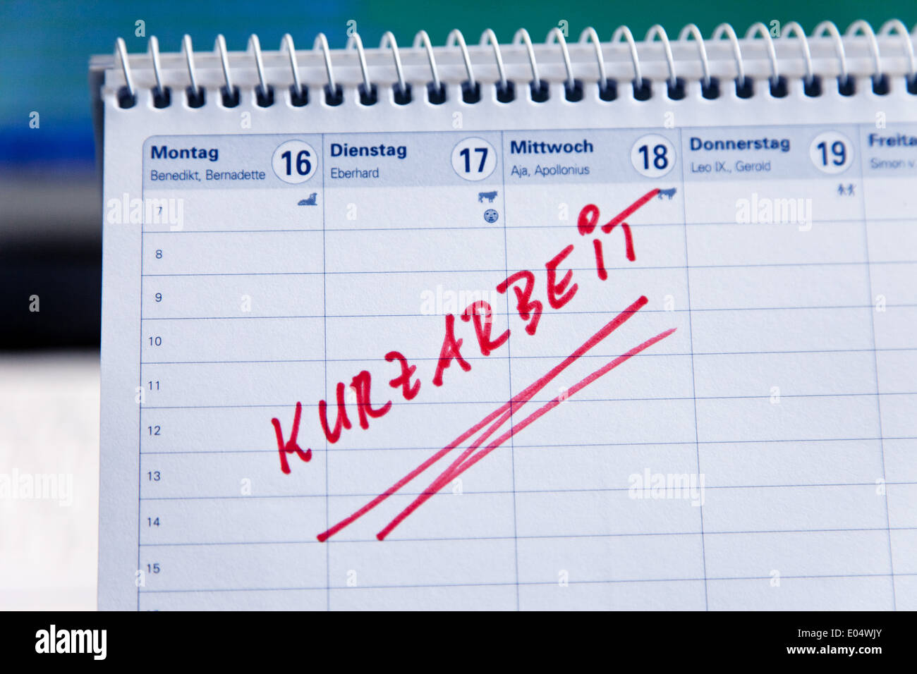 Appointment short time entry in one month of calendar, Termin Kurzarbeit Eintrag in einem Monats Kalender Stock Photo