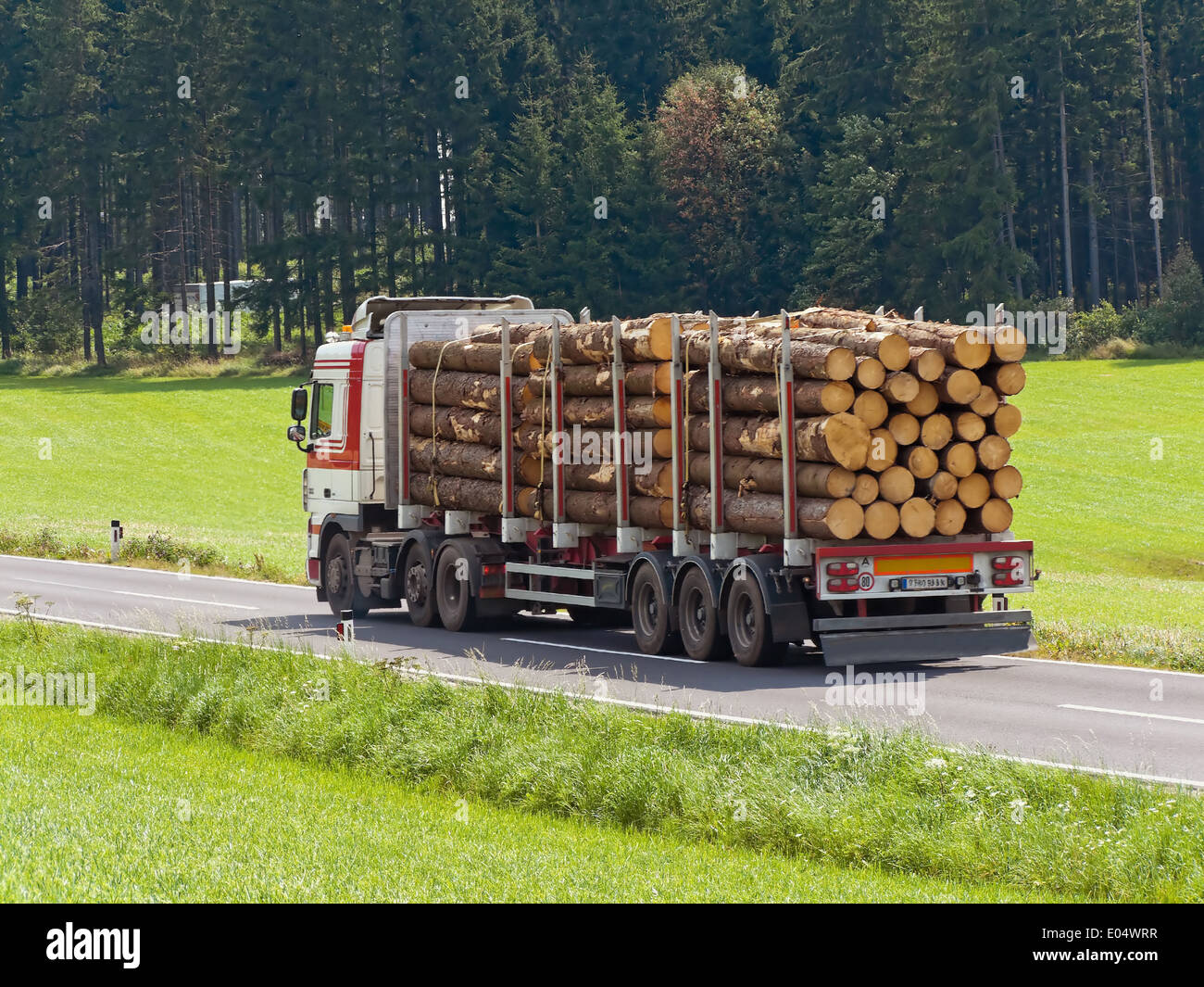 Transport of of wooden drink in a truck on the street, Transport von Holzstaemmen auf einem Lastwagen auf der Strasse Stock Photo