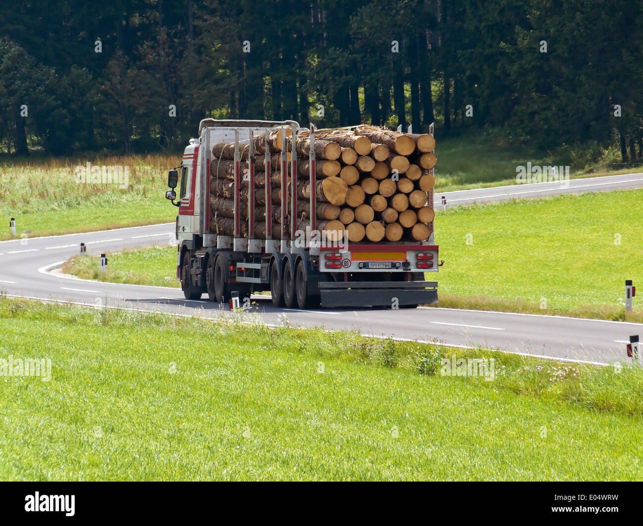 Transport of of wooden drink in a truck on the street, Transport von Holzstaemmen auf einem Lastwagen auf der Strasse Stock Photo