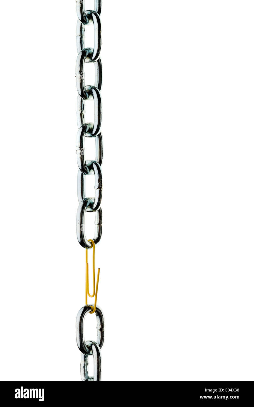 Defective steel chain is held together by a paper clip, Defekte Stahlkette wird von einer Bueroklammer zusammengehalten Stock Photo