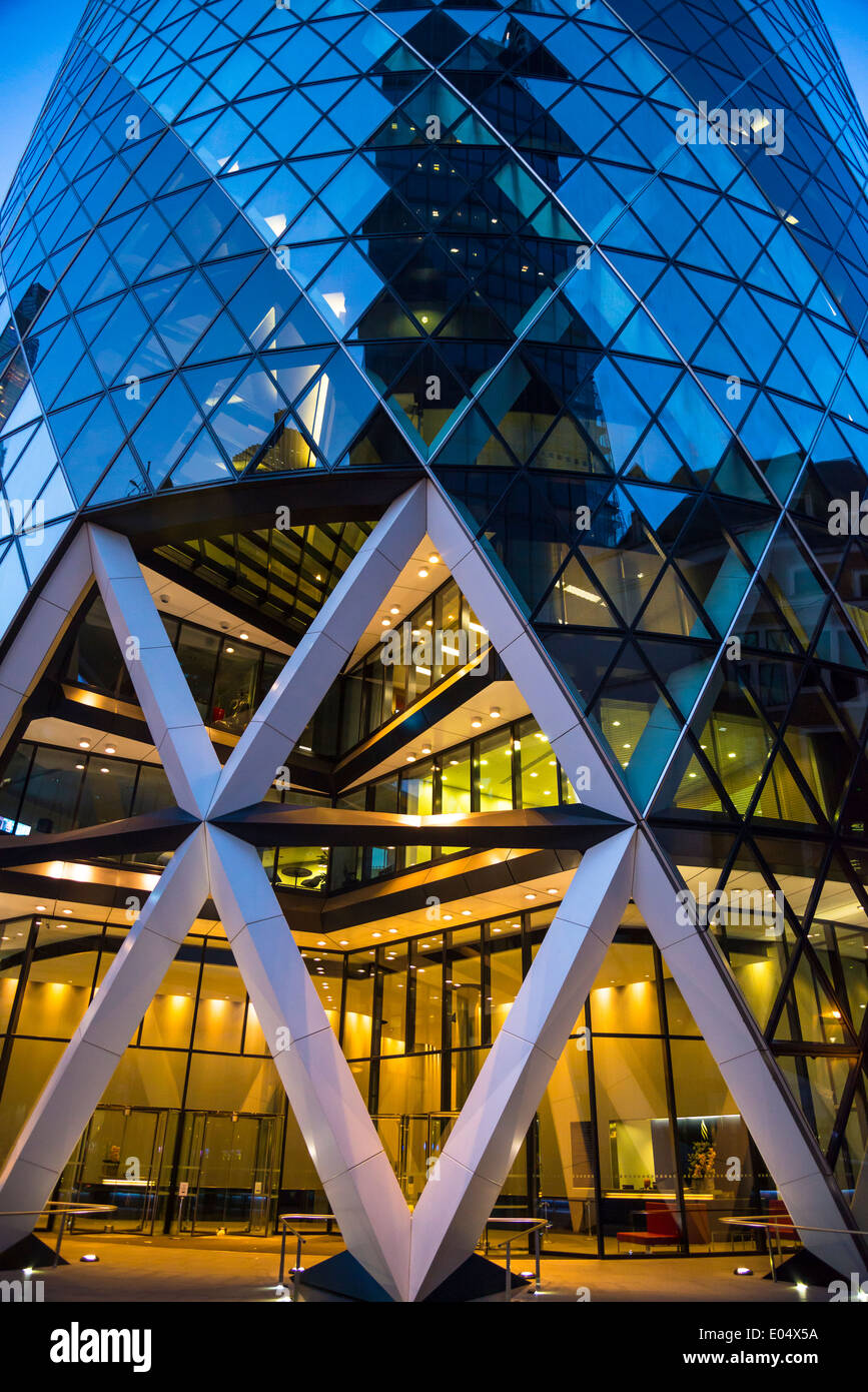 The Gherkin Swiss Re Tower at night, City of London, England, UK Stock Photo