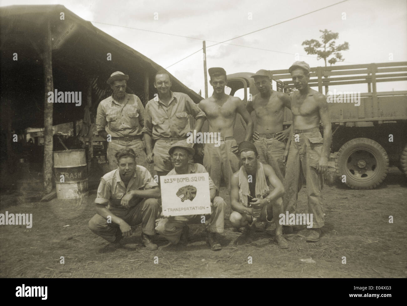 Circa 1944 group photograph, members of the 'Flying Tigers' 823rd Bombardment Squadron Medium Transportation. Stock Photo