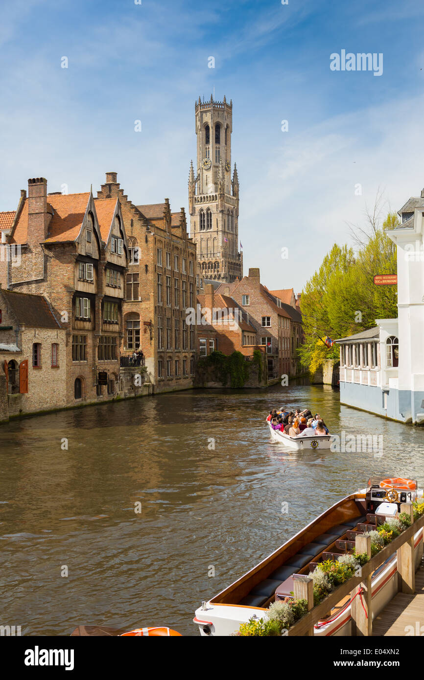 Belfort-Hallen Belfry tower from the canal at Rozenhoedkaai, Bruges, Belgium Stock Photo