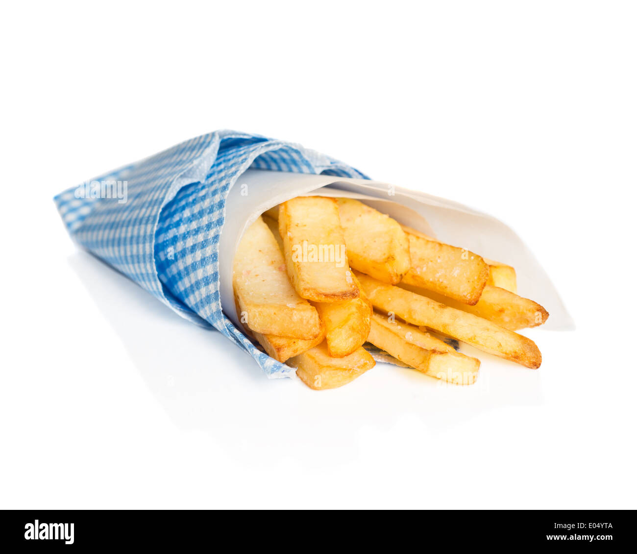 Chunky fries wrapped in blue and white check napkin on a white