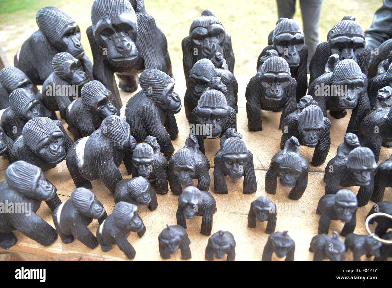 wooden gorilla's for sale at in bwindi national park, Uganda Stock Photo