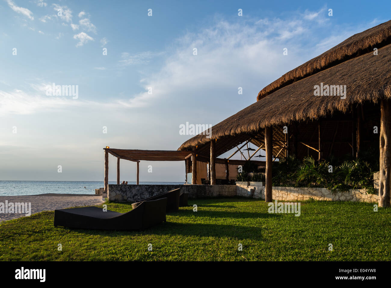An beach-front open-air restaurant at a resort. Cozumel, Mexico. Stock Photo