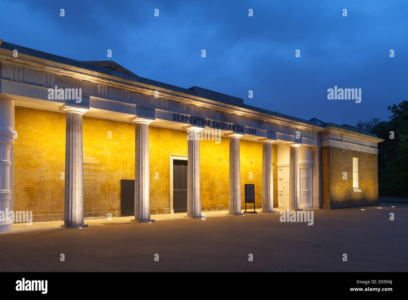 Night shot of the illuminated Serpentine Sackler Gallery in Hyde Park, London Stock Photo