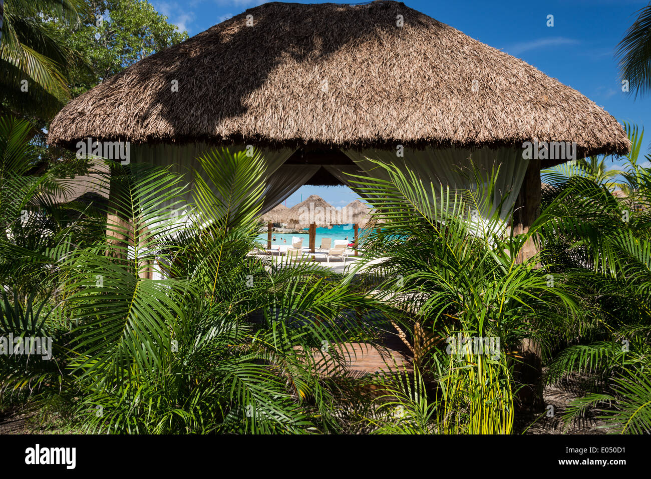 A grass hut at a luxury beach resort. Cozumel, Mexico. Stock Photo