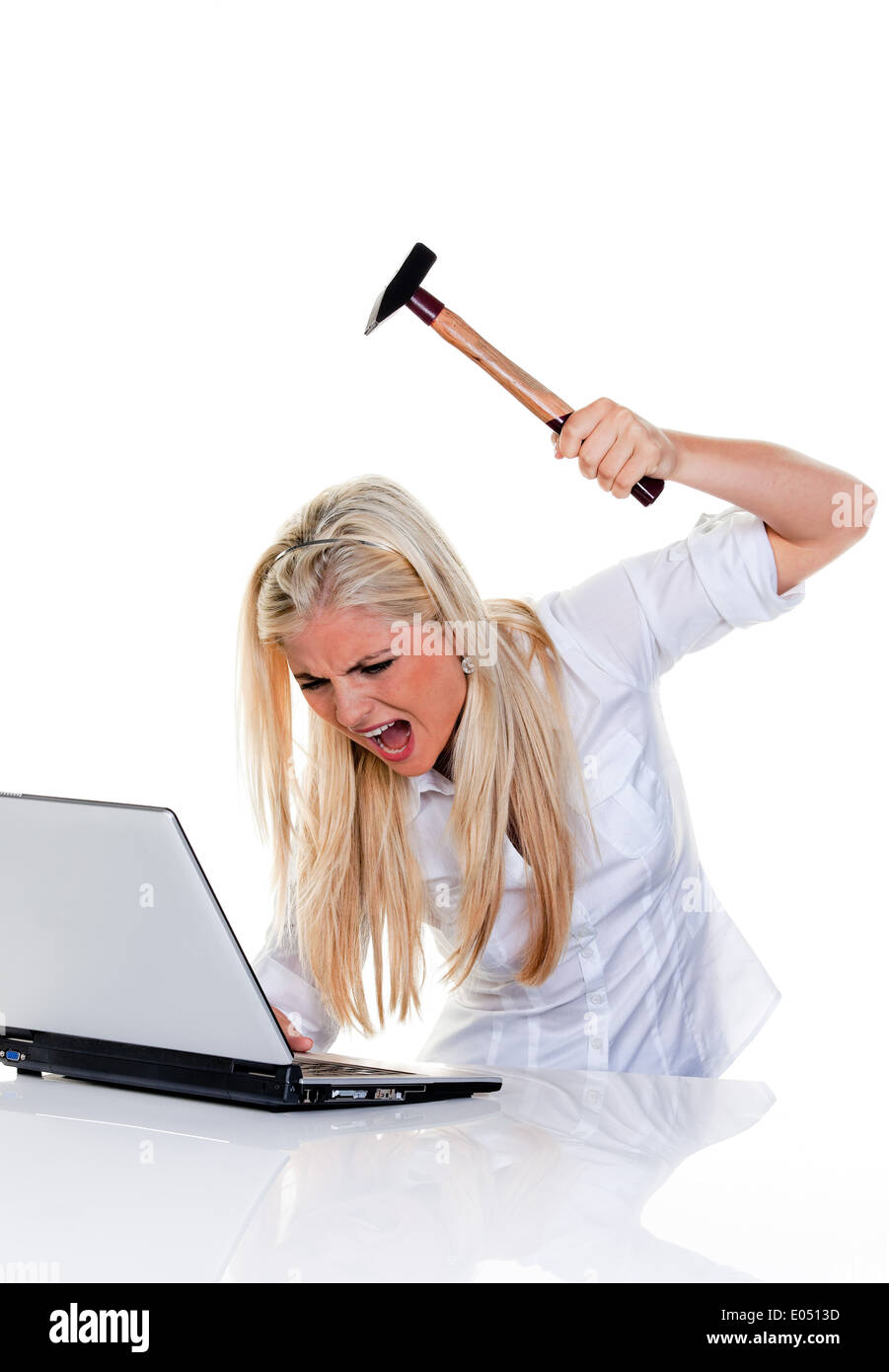 Woman with computer to problems, hammer and laptop:, Frau mit Computer Problemen, Hammer und Laptop: Stock Photo