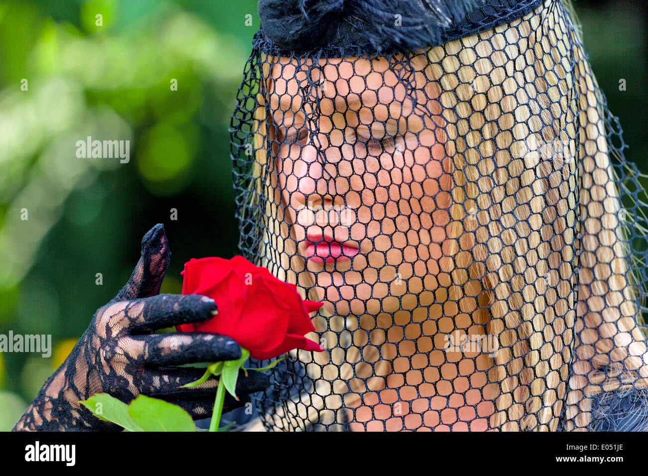 A young, mourning widow with veil and rose. Death and inheritance., Eine junge, trauernde Witwe mit Schleier und Rose. Todesfall Stock Photo
