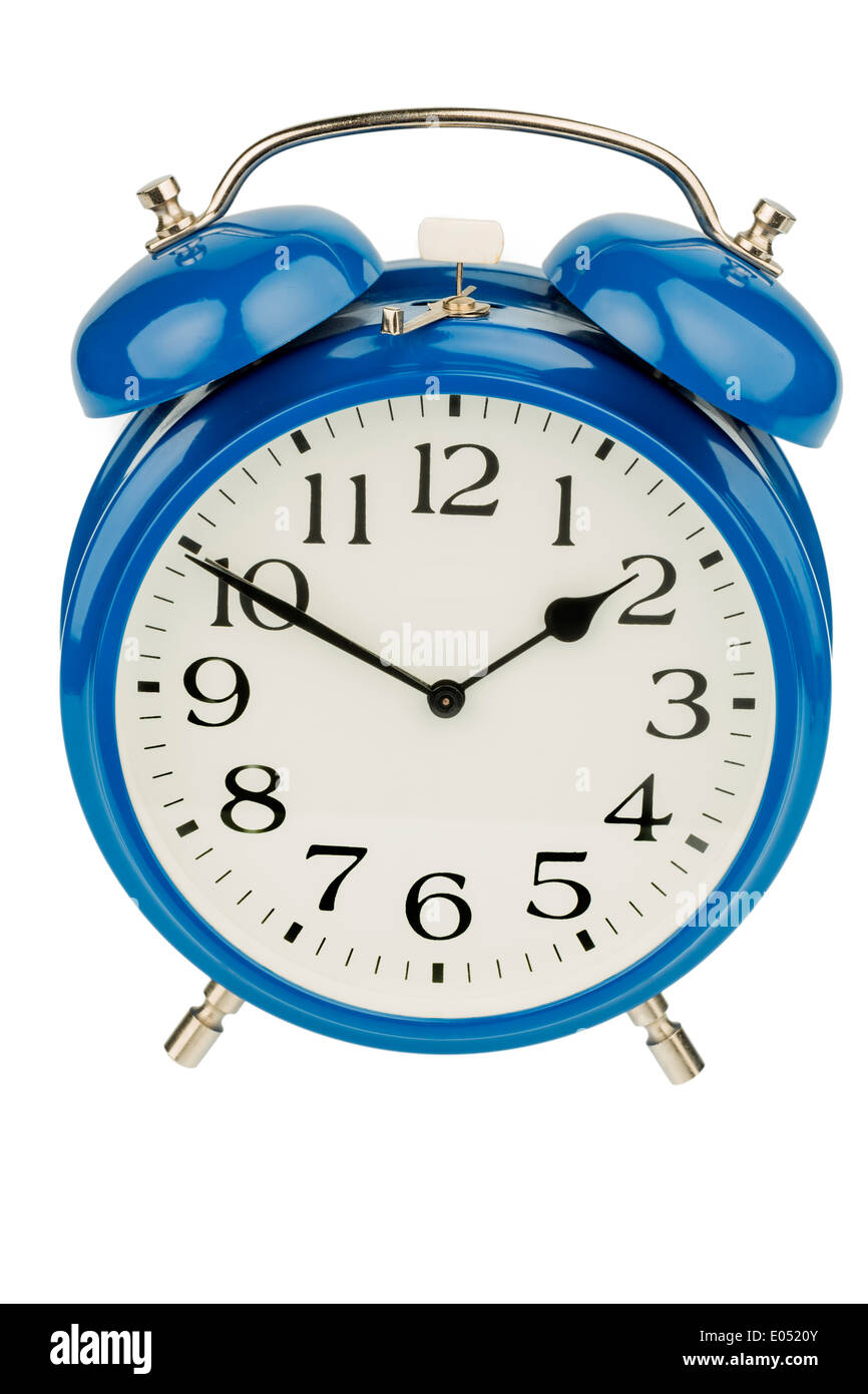 A blue alarm clock on white background. Mikt to white figure sheet, Ein blauer Wecker auf weissem Hintergrund. Mikt weissem Ziff Stock Photo