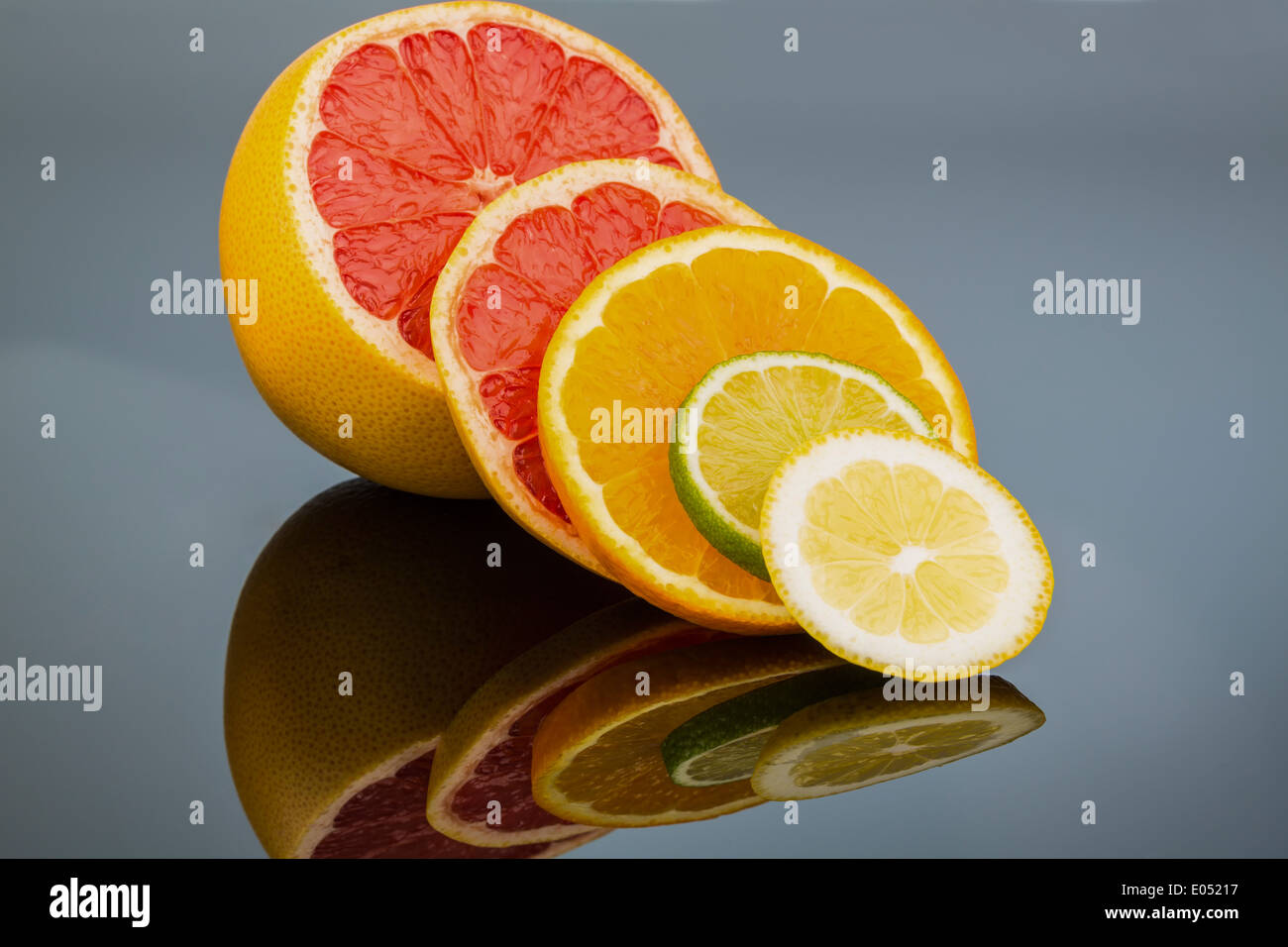 Reflexion of an orange. Symbolic photo for healthy vitamins by fresh fruit, Spiegelung einer Orange. Symbolfoto fuer gesunde Vit Stock Photo