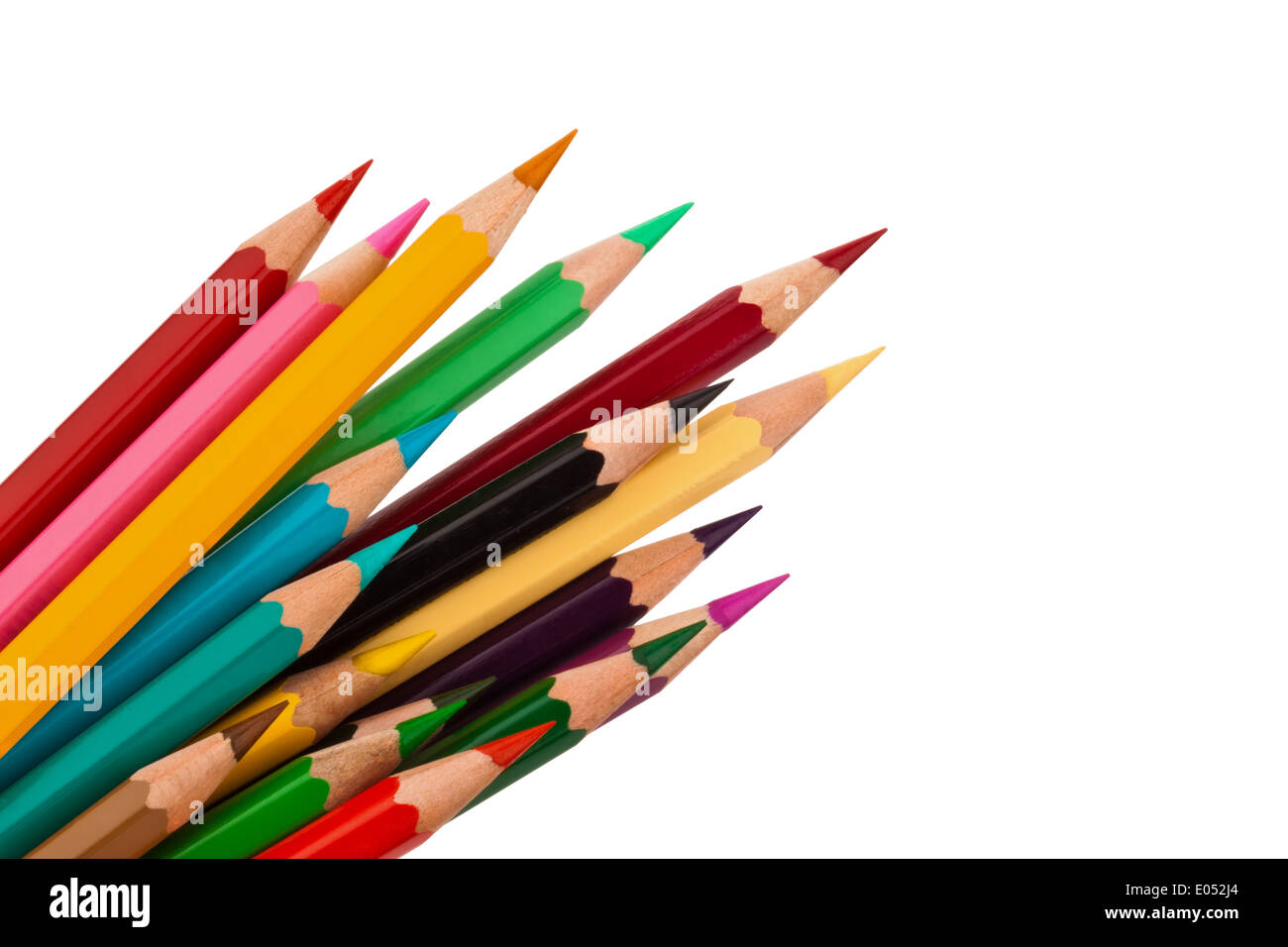 Many different coloured colour pencils before white background, Viele verschiedene bunte Farbstifte vor weissem Hintergrund Stock Photo