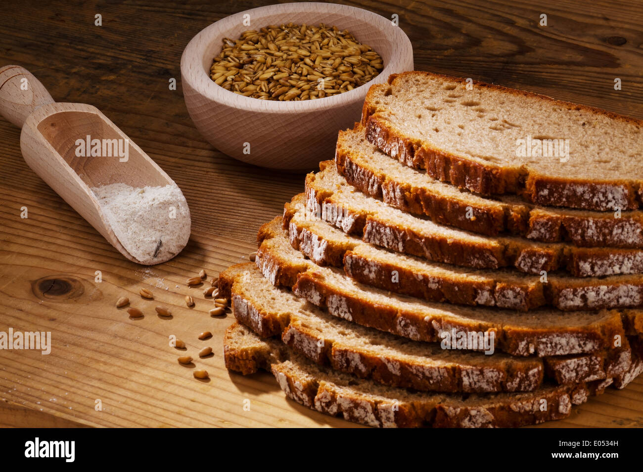 Several slices of dark bread lie side by side. Healthy food. Stock Photo