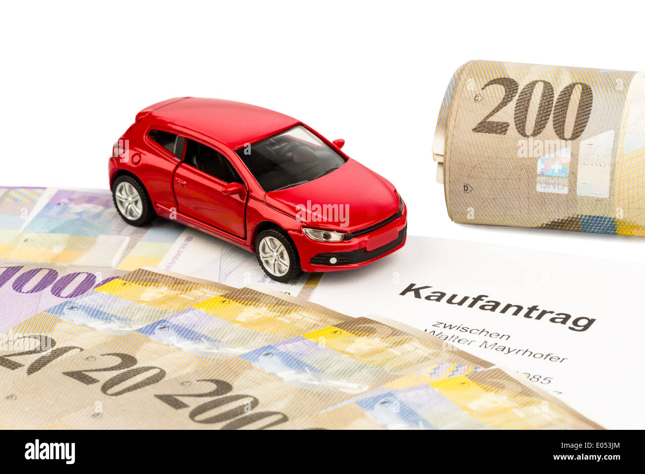 The bill of sale for a new car with a Swiss car dealer. With Swiss franc Stock Photo