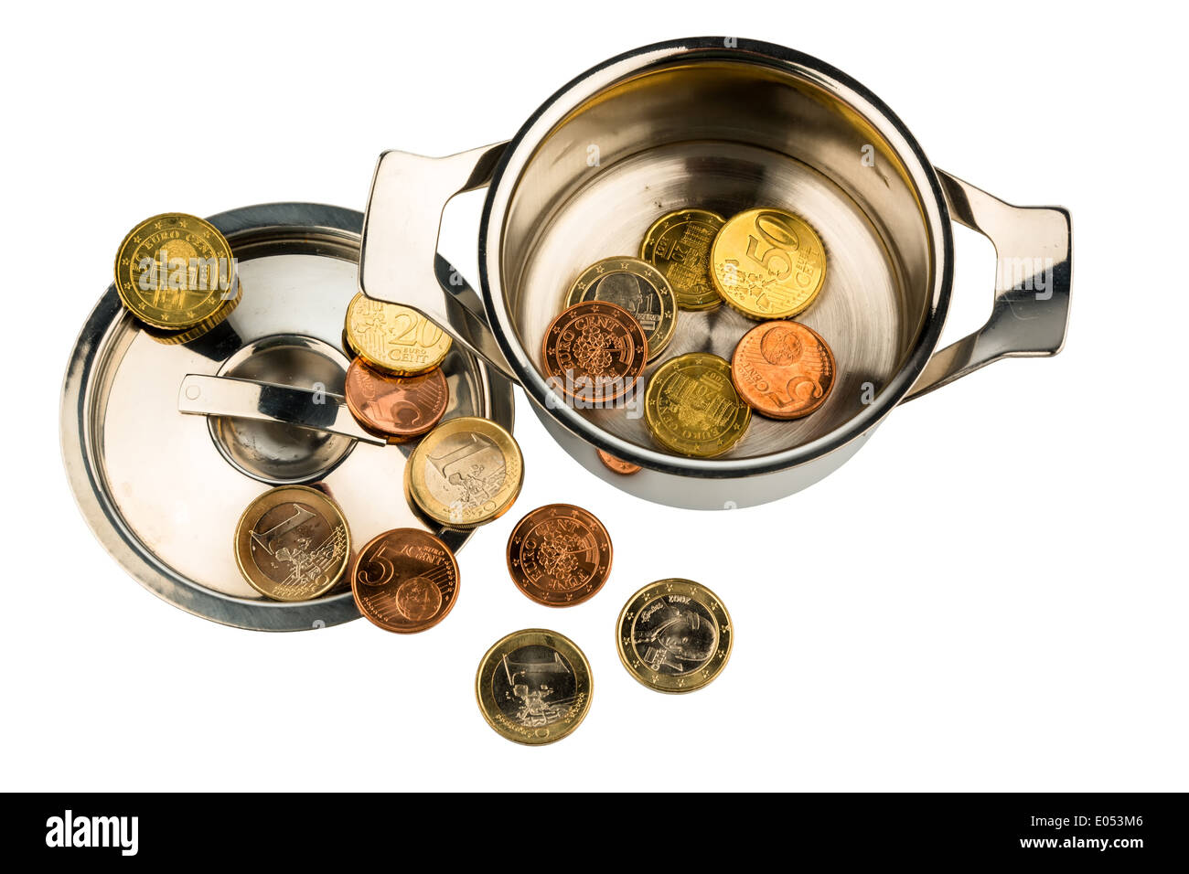 A saucepan with few eurocoins, symbolic photo for state debts and financial crisis Stock Photo