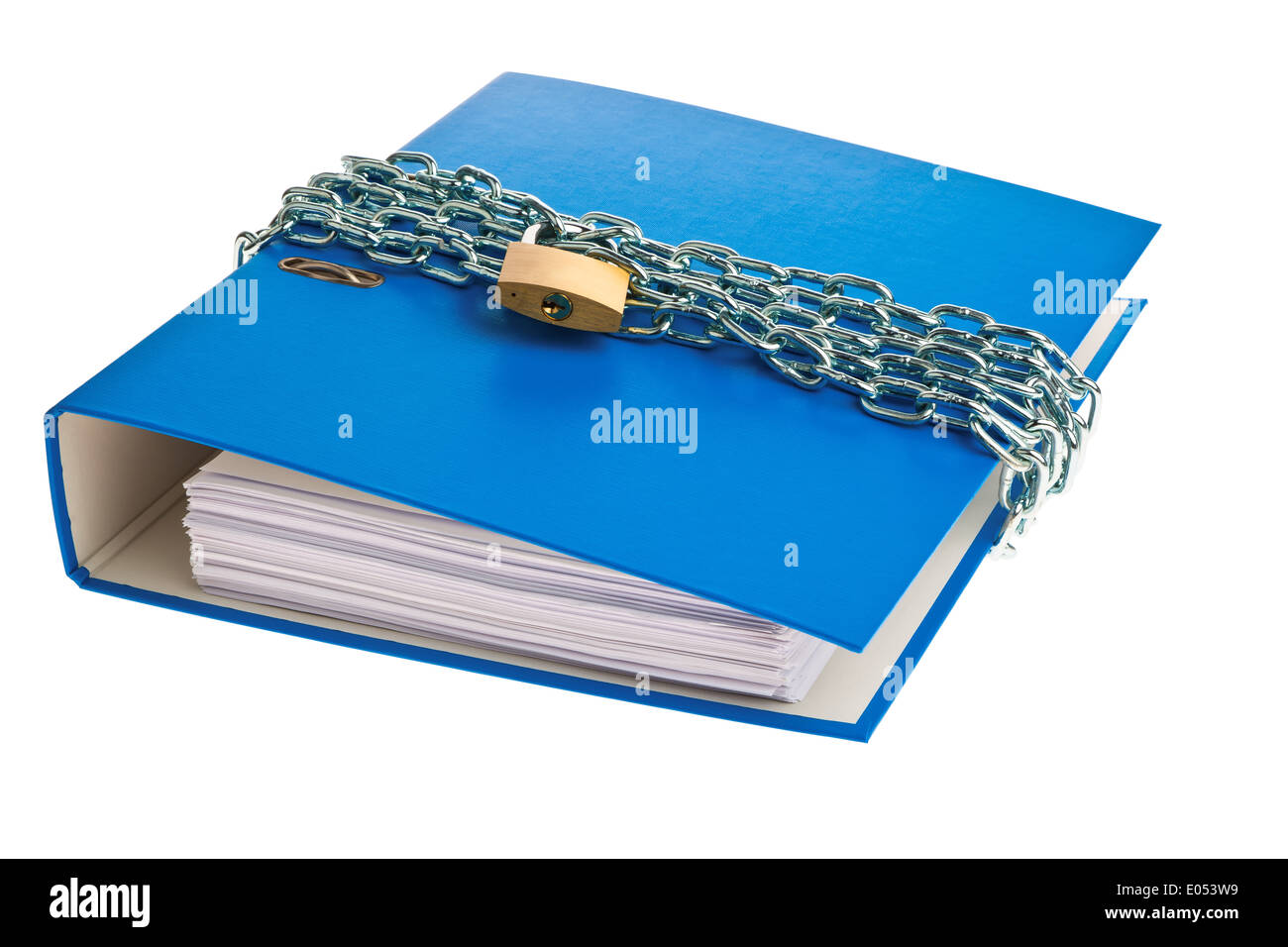 A file with chain and curtain castle closed. Data protection and data security., Ein Aktenordner mit Kette und Vorhangschloss ve Stock Photo