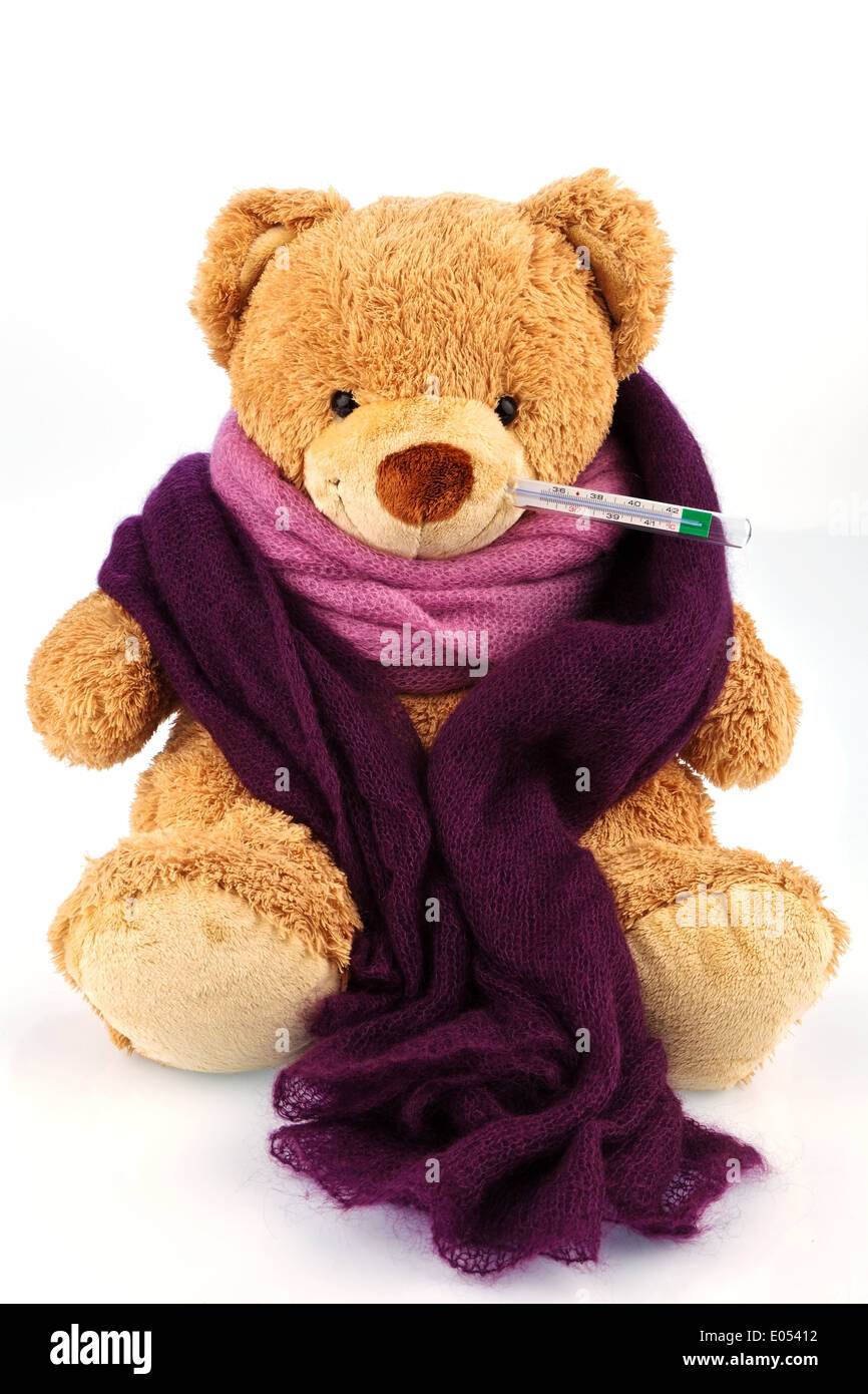 A bear from plush with a fever thermometer in the mouth. Symbolic photo for Verkuehlung, influenza and fever, Ein Baer aus Plues Stock Photo