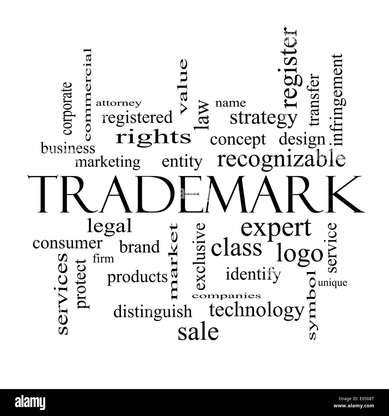 Trademark Word Cloud Concept in black and white with great terms such as brand, logo, legal and more. Stock Photo